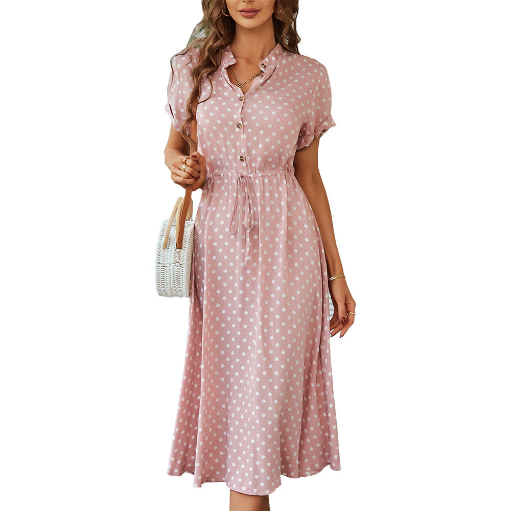 Polka Dot Print Shirt Collar Large Swing Dress