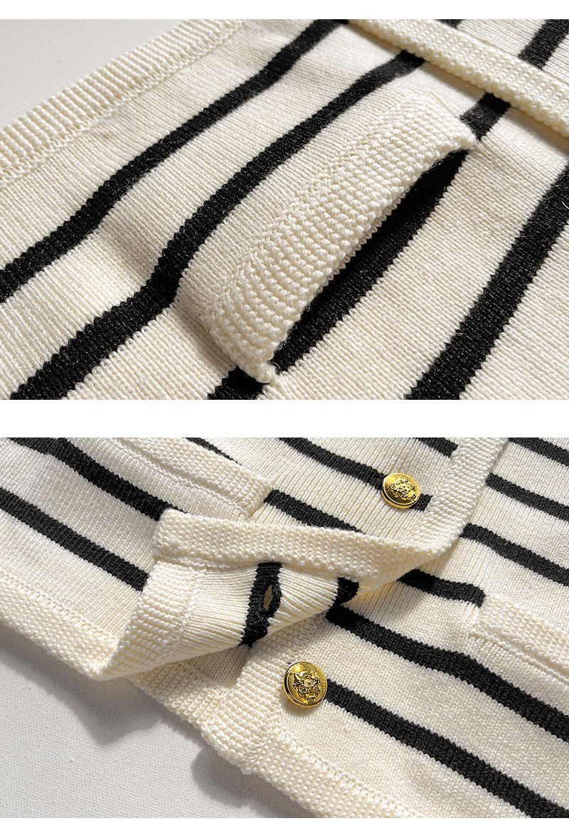 Black And White Striped Knitted Cardigan Women's Outer Wear Cropped Sweater Coat