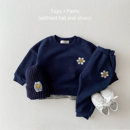 Cartoon Embroidered Flower Casual Sweater Set