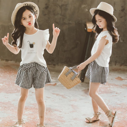 Children's Clothing Girls Suit Short-sleeved Two-piece Korean-style Bow Check Shorts