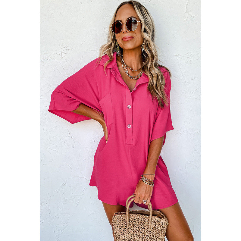 Solid Color Short-sleeved Jumpsuit Loose Casual Multi-pocket