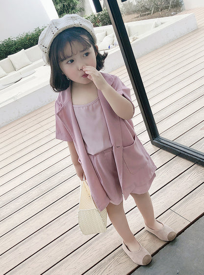 Spring And Summer Short-sleeved Thin Chiffon Jacket Shorts Vest Baby Three-piece Suit