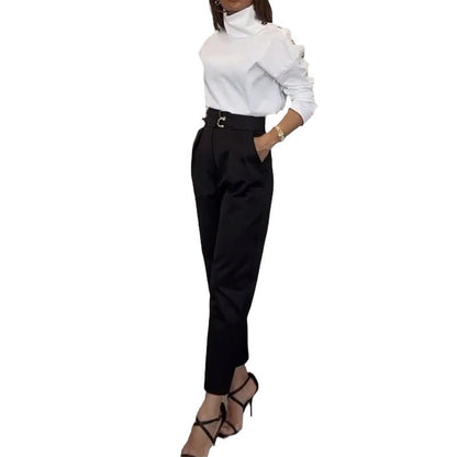 Fashion High Collar Oblique Shoulder Tops Blouse And Pants Women