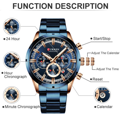 Luxury Sports Quartz Mens Watches Full Steel Waterproof Chronograph