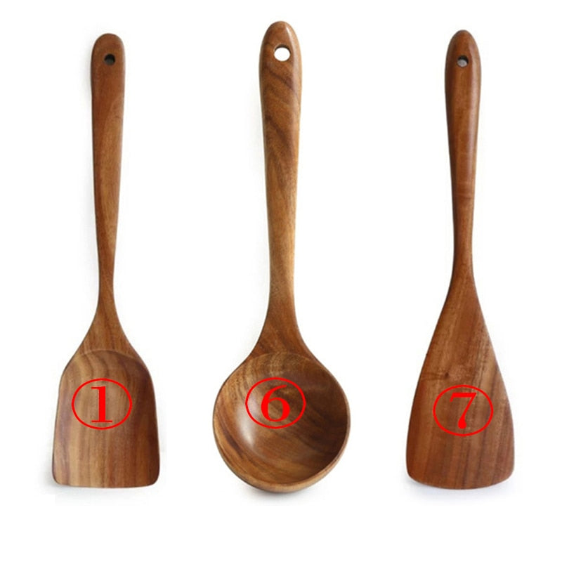 7pcs/set Teak Natural Wood Tableware Spoon Ladle Turner Rice Colander Soup Skimmer Cooking Spoon Scoop Kitchen Reusable Tool Kit