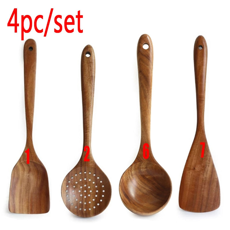 7pcs/set Teak Natural Wood Tableware Spoon Ladle Turner Rice Colander Soup Skimmer Cooking Spoon Scoop Kitchen Reusable Tool Kit