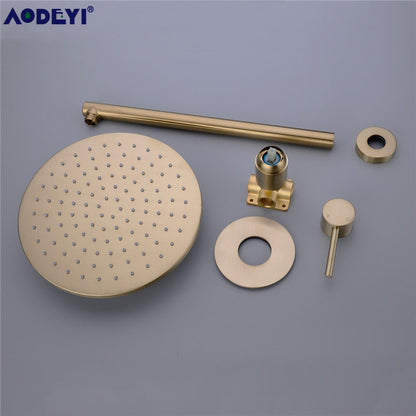 Brushed Gold Solid Brass Bathroom Shower Set Rianfall Head Bath Faucet Wall Mounted Ceiling Arm Mixer Water System Panel Black