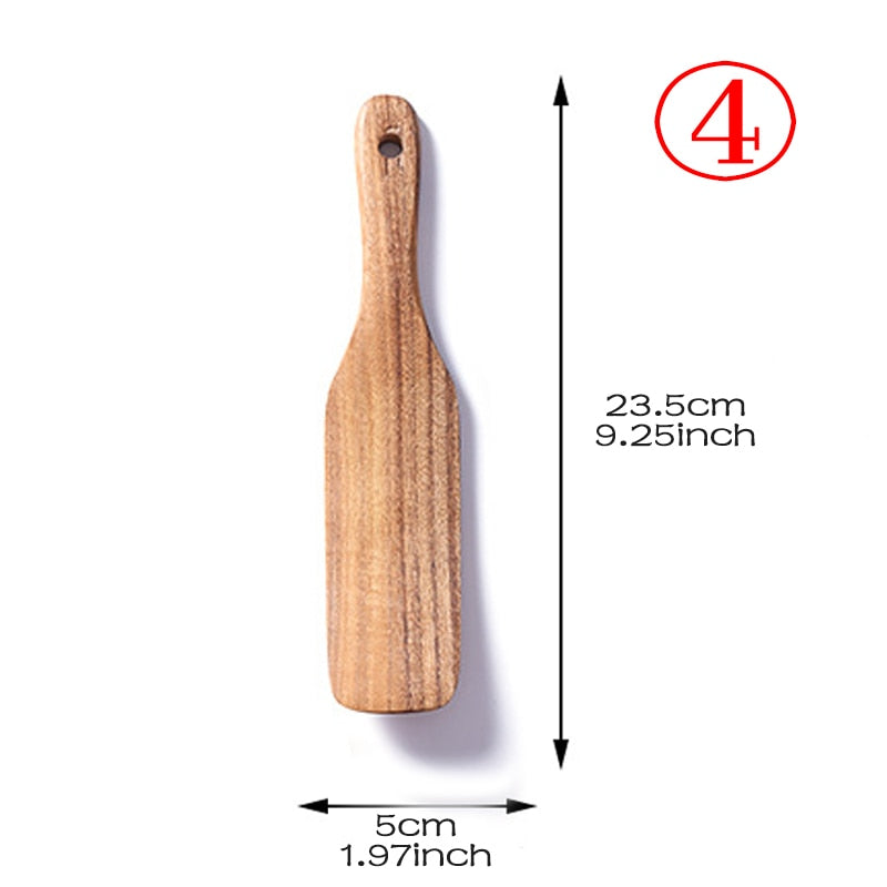 7pcs/set Teak Natural Wood Tableware Spoon Ladle Turner Rice Colander Soup Skimmer Cooking Spoon Scoop Kitchen Reusable Tool Kit