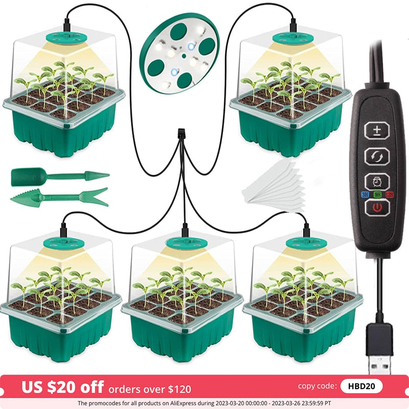 Full Spectrum LED Grow Light with Seedling Tray Plant Seed Starter Trays, Greenhouse Growing Trays with Holes 12 Cell Per Tray